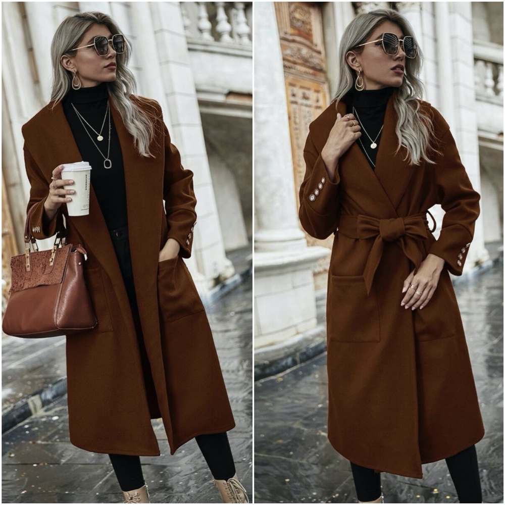 Waterfall wide collar pocket belt trench pea coat